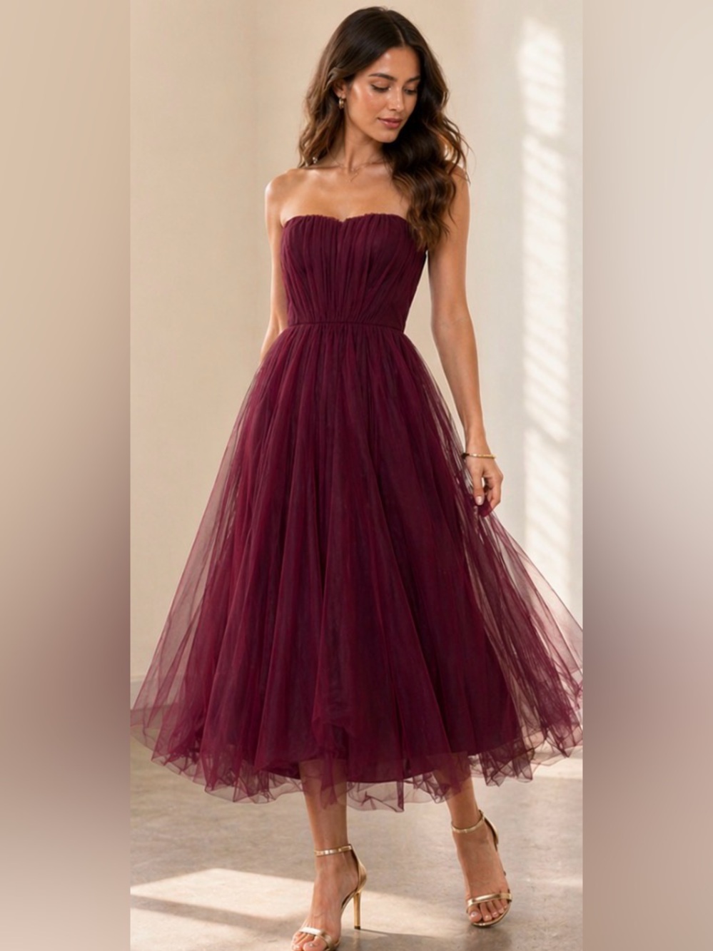[Badgley Mischka] Burgundy Strapless Tulle Midi Dress Size 4 - Picture 10 of 11